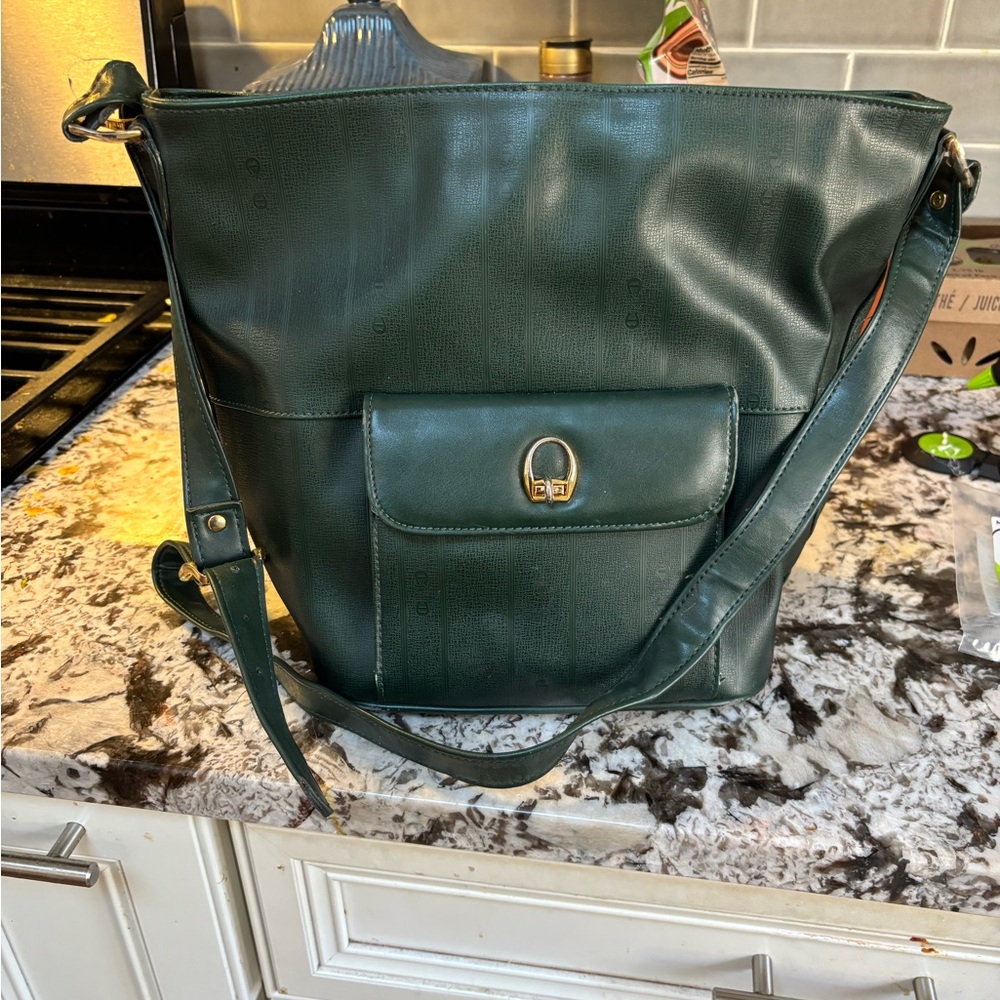 Etienne Aigner vintage hunter green bucket bag.